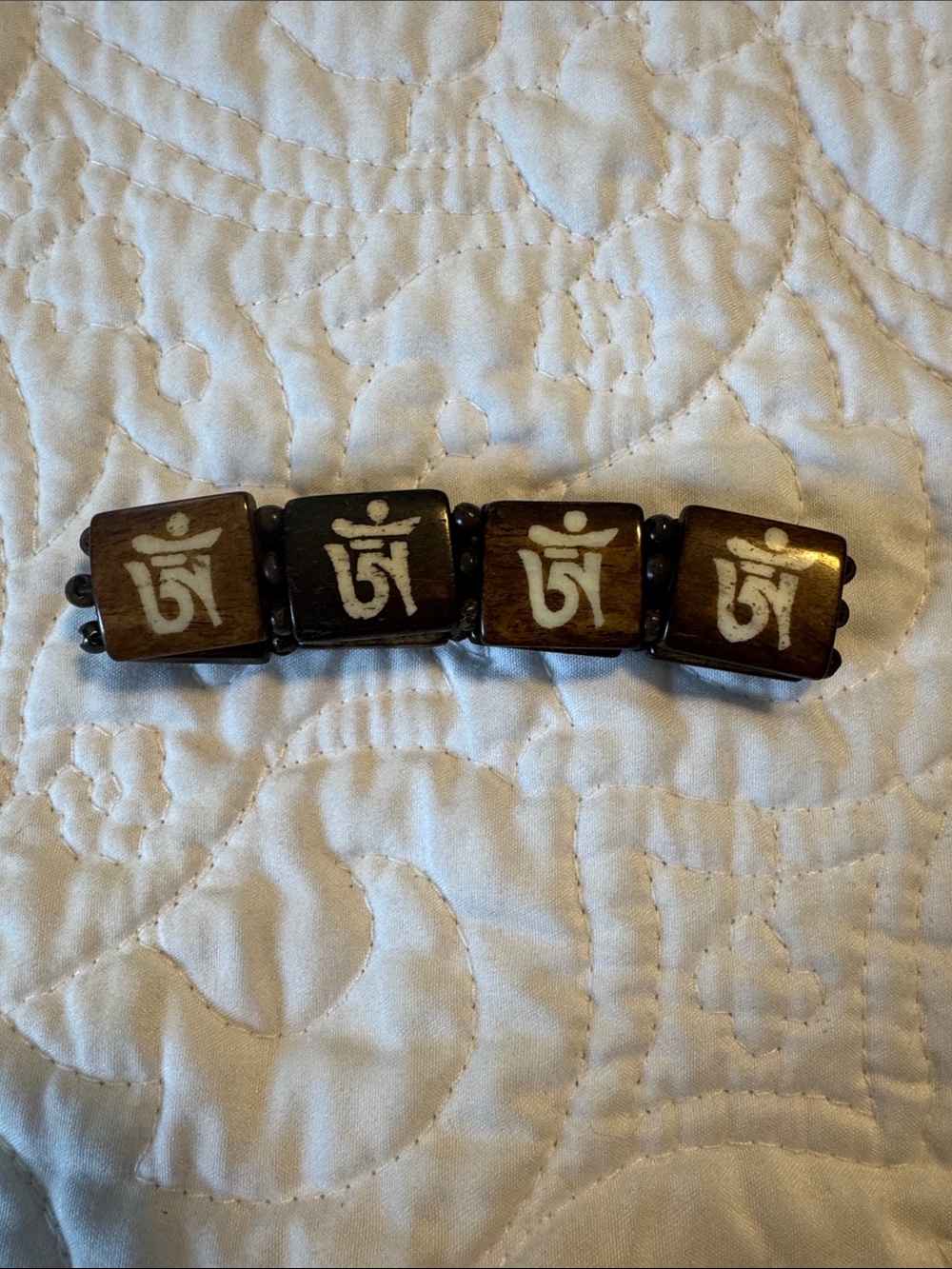 Unisex- Handcrafted Wooden Bead Bracelet with Carved Buddhist Symbol - Brown